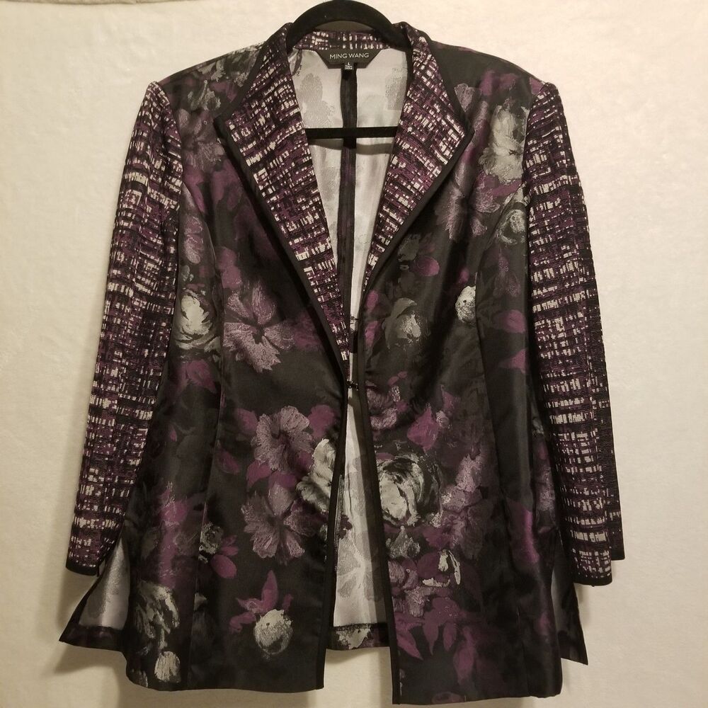 Ming Wang L Blazer Purple Floral Lightweight Knit Sleeve Zip Cuff Carrer Work